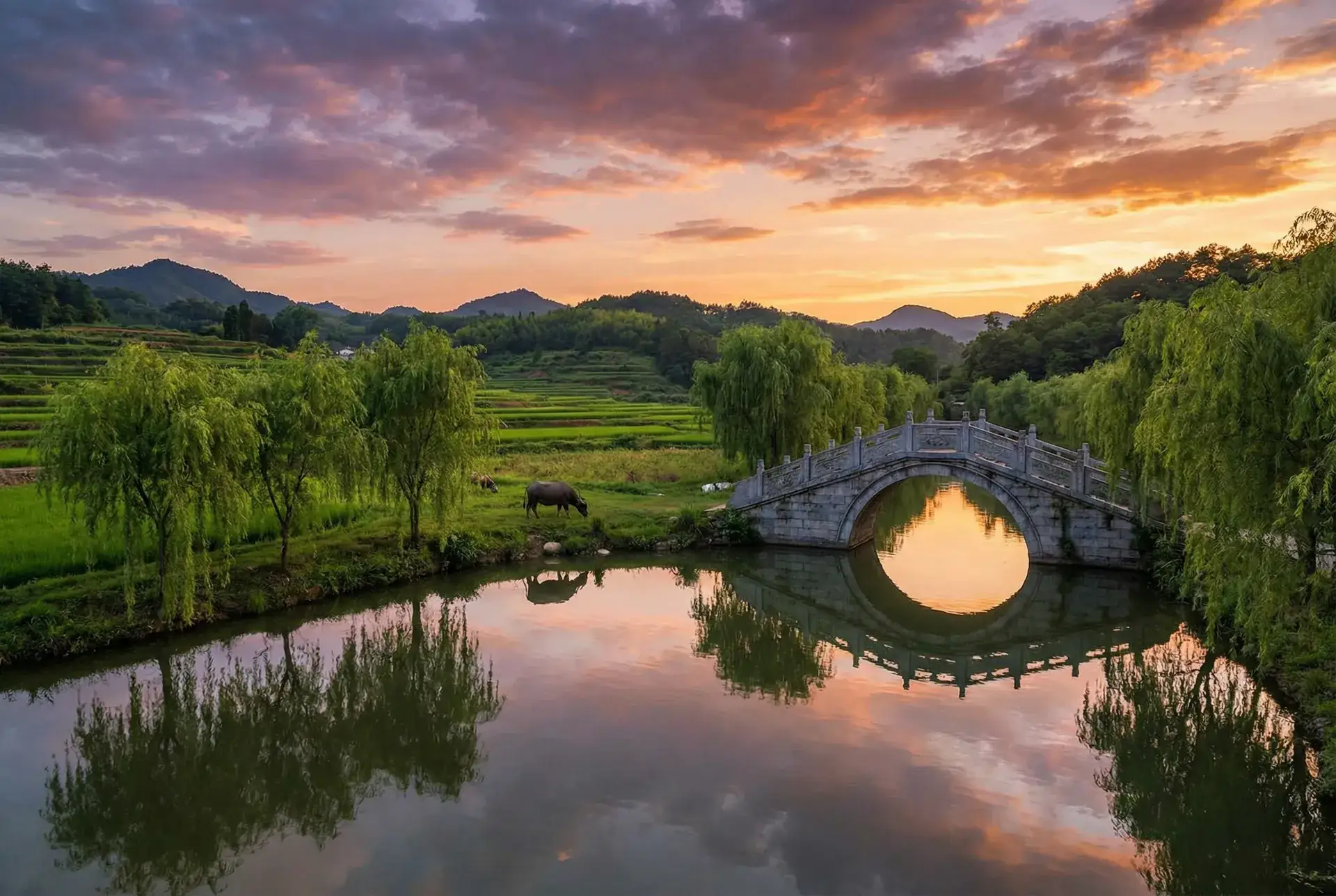 夕阳下的石拱桥与垂柳，水牛在河边吃草 - 一路向西百度影音国语 乡村美景